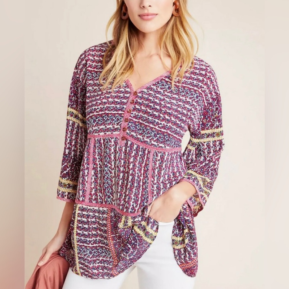 Maeve Anthropologie Lilyana Tiered Boho Tunic Blouse 100% Silk Bell Sleeves Sz M